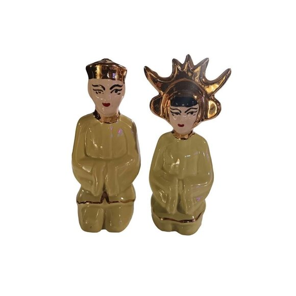 Vintage | Asian Figurines | Set of 2 | Man & Woman | Green & Gold | Kneeling - Picture 1 of 8